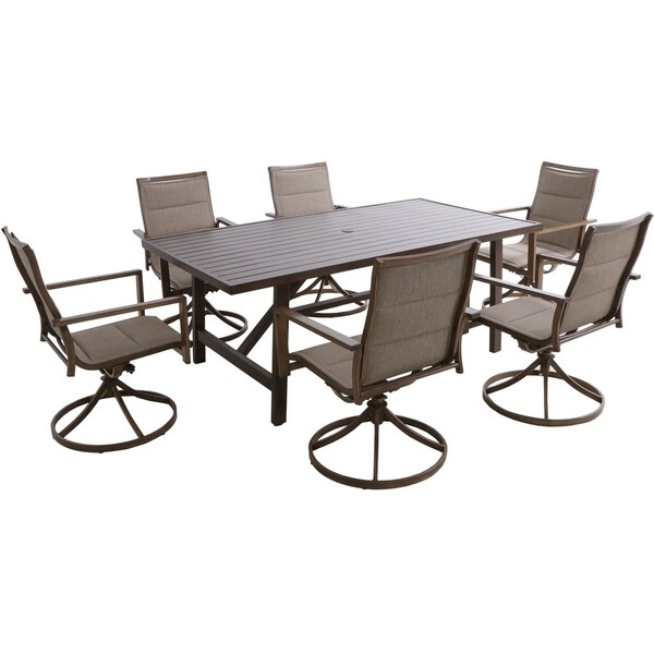 Hanover Fairhope 7Piece Outdoor Dining Set with 4 Sling Chairs,2 Sling Swivel Rockers and a 74In. x 40In. Trestle Table,Tan