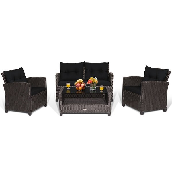 Costway 4 PCS Patio Rattan Furniture Set Glass Table Shelf Sofa