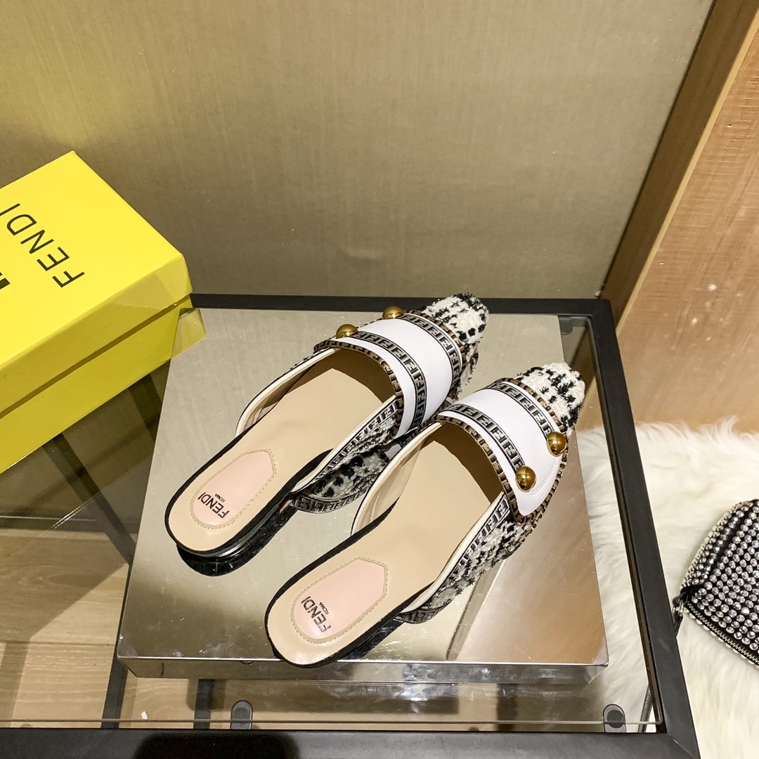 Fendi Ff Grey Strap Half Slippers White