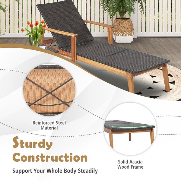 Costway 2PCS Patio Rattan Lounge Chair Chaise Recliner Wood Back