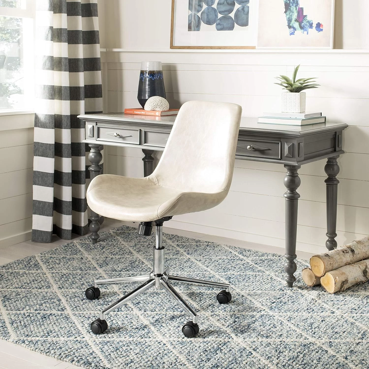 home collection fletcher beige faux leather/ chrome swivel adjustable height office desk chair