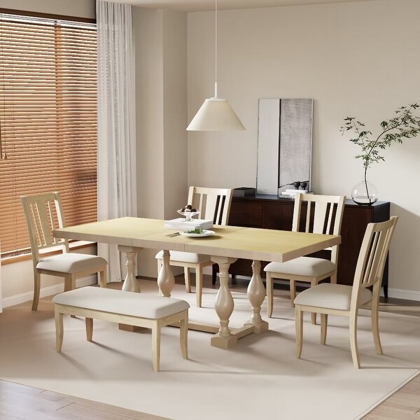 Extendable Dining Table Set with Removable Leaf,Padded Chairs and Bench