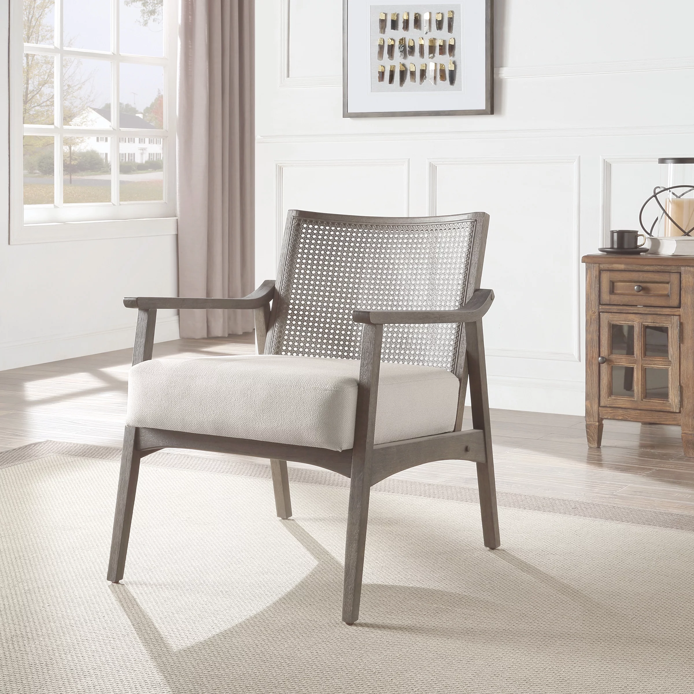 Lantana Arm Chair in Linen Cream Fabric and Gray Rustic Finish