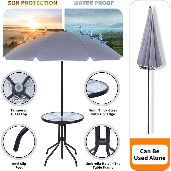 4 Piece Patio Dining Set,Garden Furniture Bistro Set with Tilted Removable Umbrella,2 Folding Chairs,Round Glass Table (Grey)
