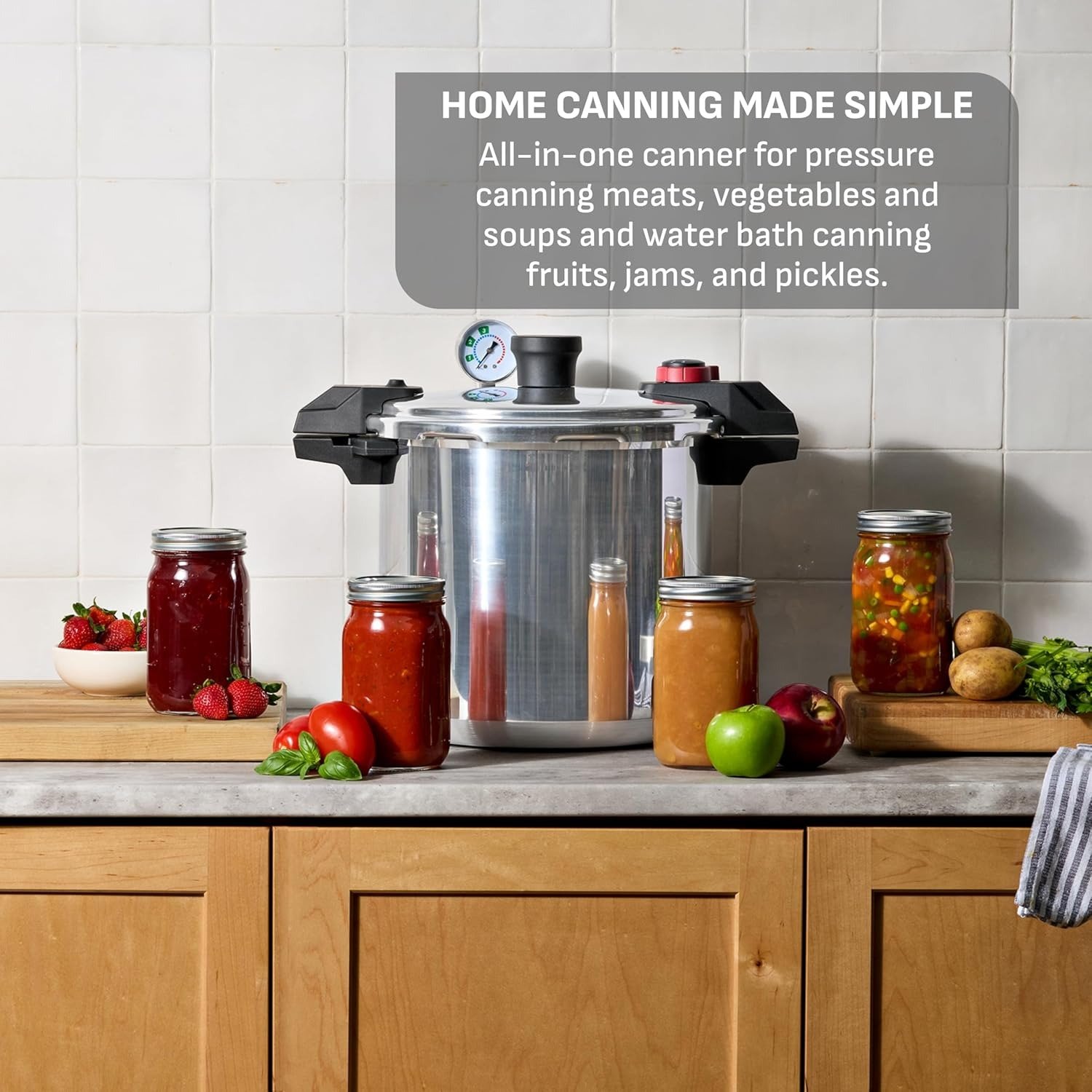 22-Quart Aluminum Pressure Canner, 3 PSI Settings, Home Canning, Includes Racks & Canning Guide, Large Capacity, Pressure & Water Bath Canning for Vegetables, Meats, Seafood & Fruits, Silver
