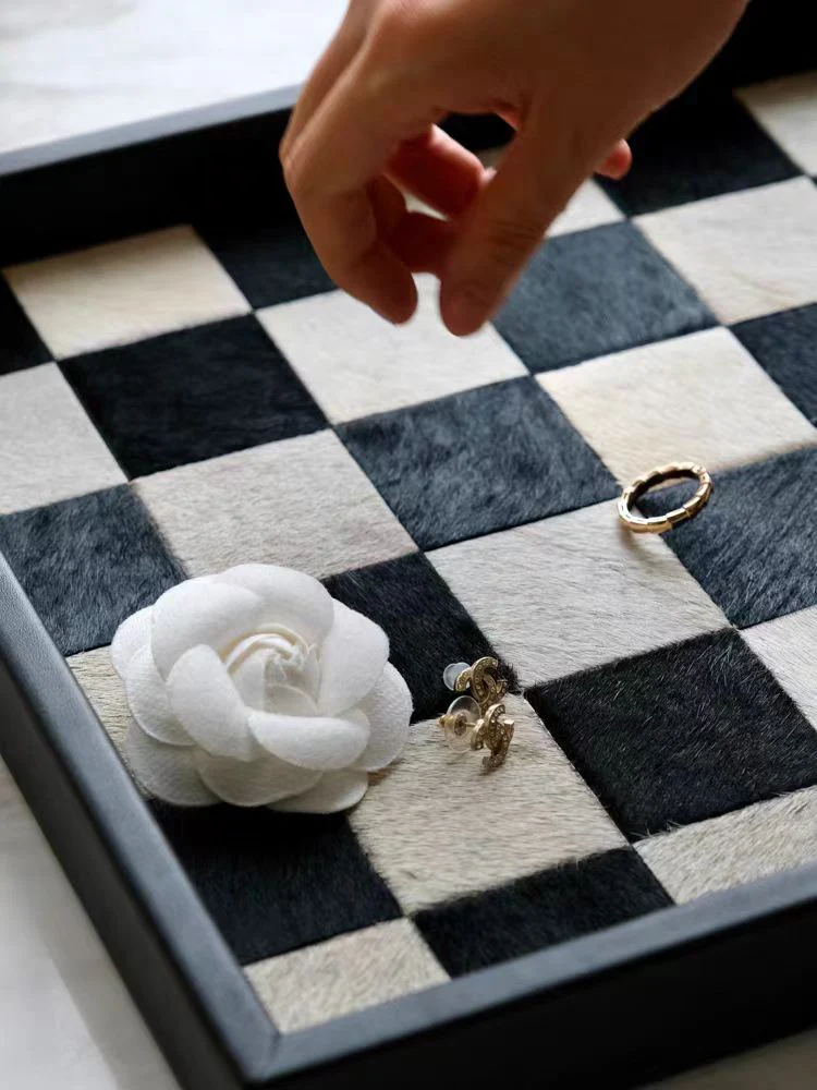 DC058 - Used CH@NE* black and white checkerboard horsehair tray foyer desktop storage jewelry tray