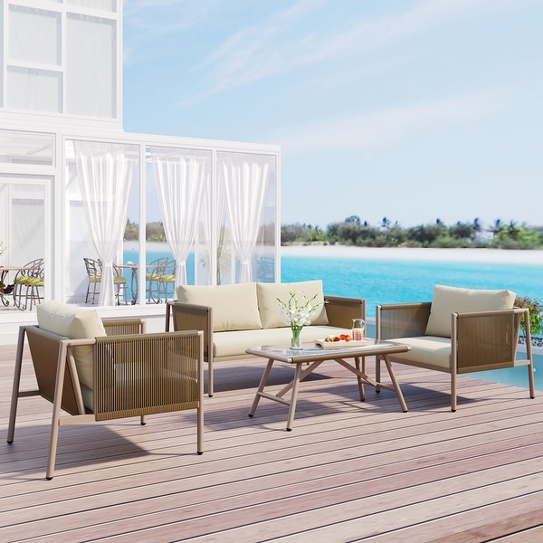 4Piece Rope Sofa Set with Thick CushionsandToughened Glass Table,Beige