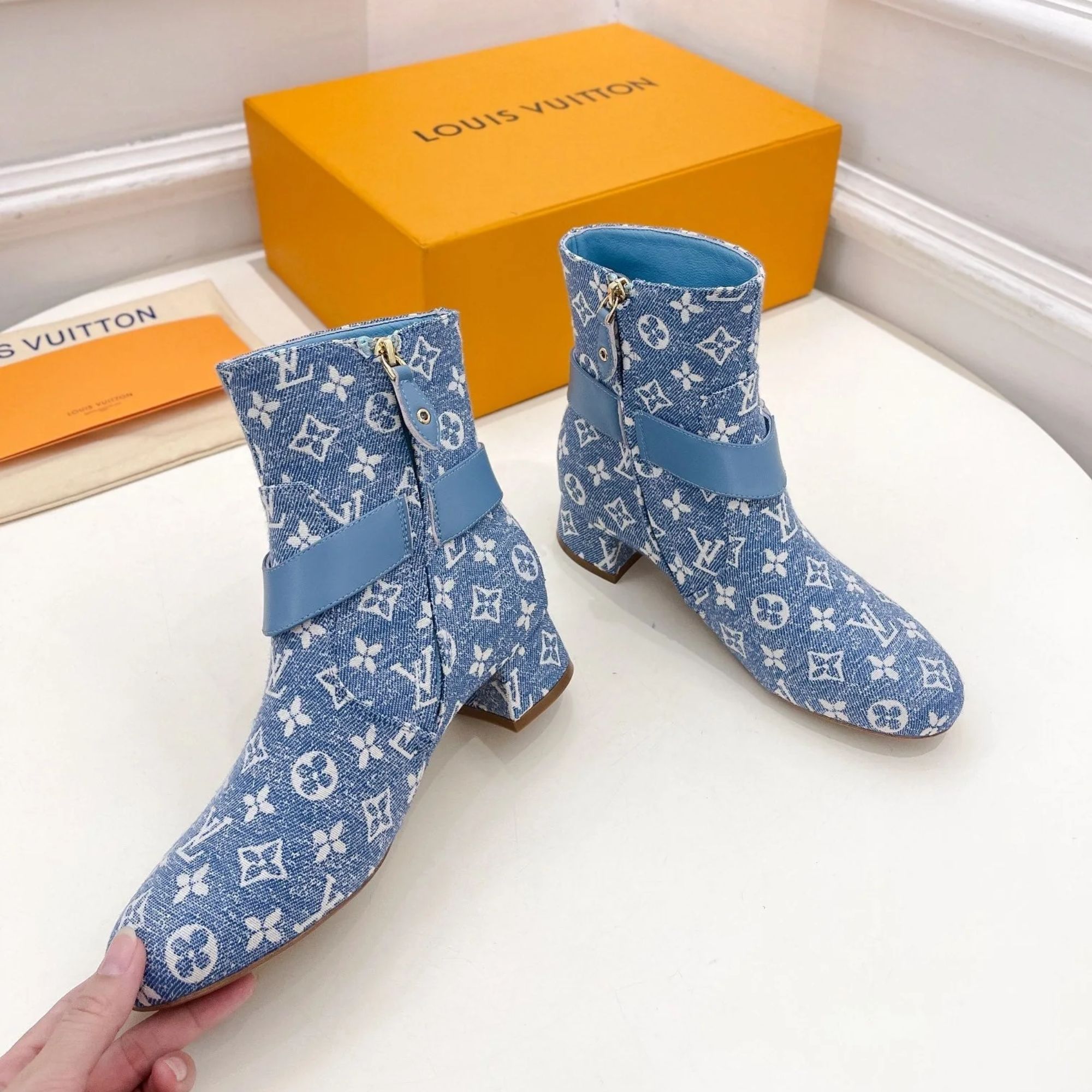Louis Vuitton Ankle Boots 35mm Light Blue Monogram Jacquard Fabric