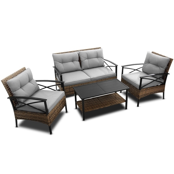 4 Piece Outdoor Conversation Chair Set With Cushion,Patio Rattan Wicker Set with 2 Single chairs and Loveseat,Coffee Table