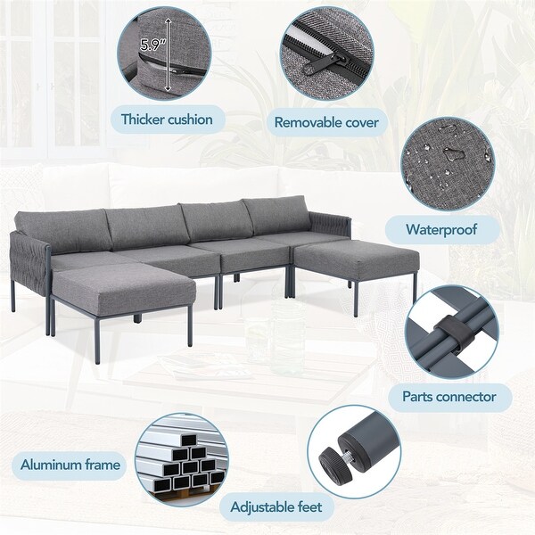 6 Pieces Aluminum Patio Sectional Sofa with Removable Thick Cushions