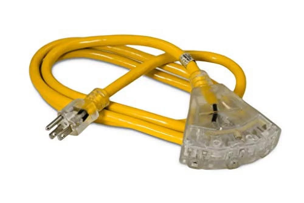6-ft 12/3 Heavy Duty 3-Outlet Lighted SJTW Indoor/Outdoor Extension Cord by Watt's Wire - Short Yellow 6' 12-Gauge Grounded 15-Amp Three-Prong Power-Cord (6 foot 12-Awg)