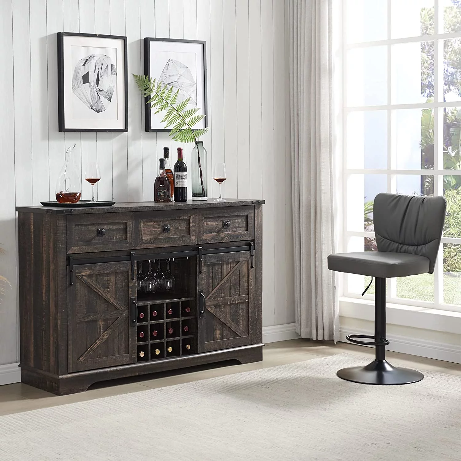 OKD Farmhouse Coffee Bar Cabinet Sideboard Buffet with Wine and Glass Rack, Drawers, Storage Shelves for Dining Room, Living Room, Wood Furniture(Dark Rustic Oak)