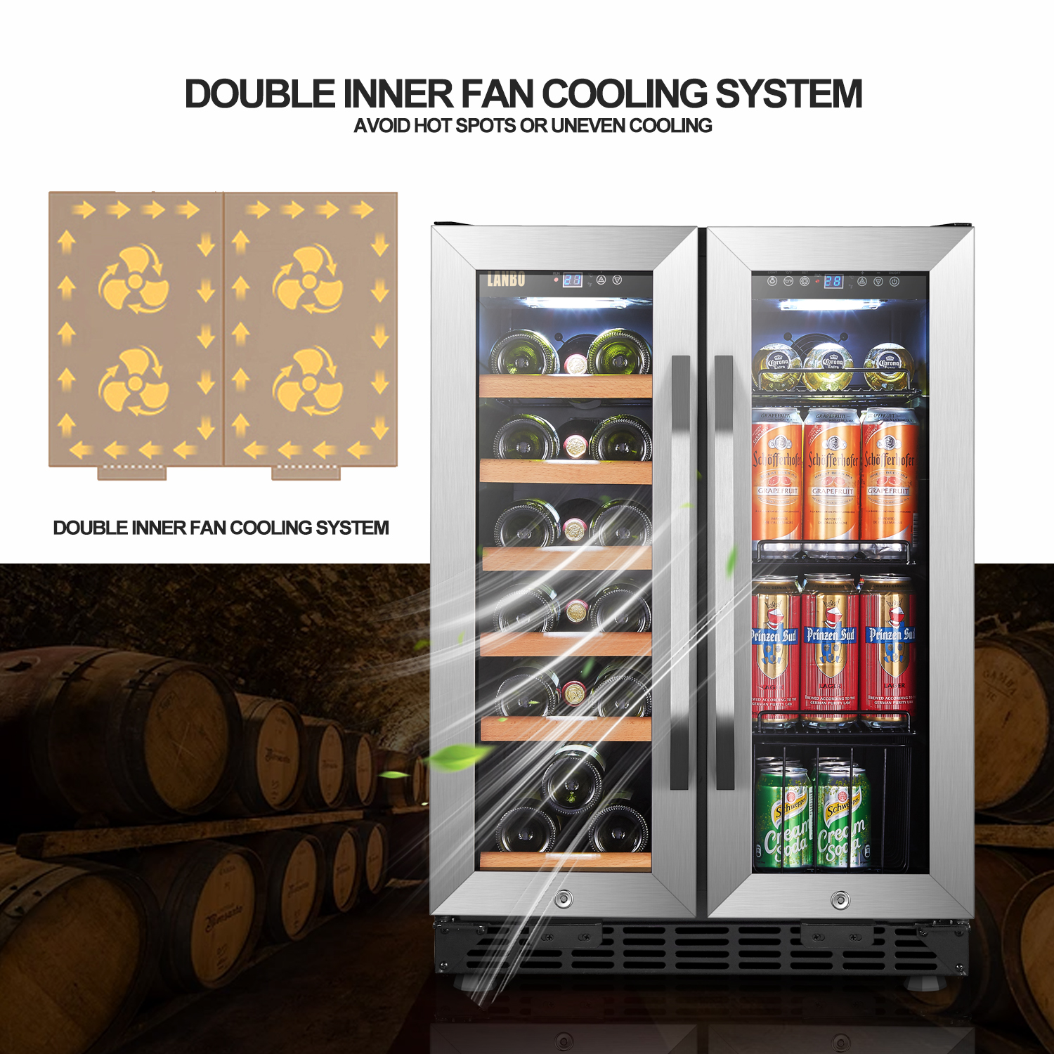 Lanbo - Freestanding/Built-In 23.4'' width 18 Bottle 56 Can Dual Zone Combo Wine and Beverage Cooler - Black