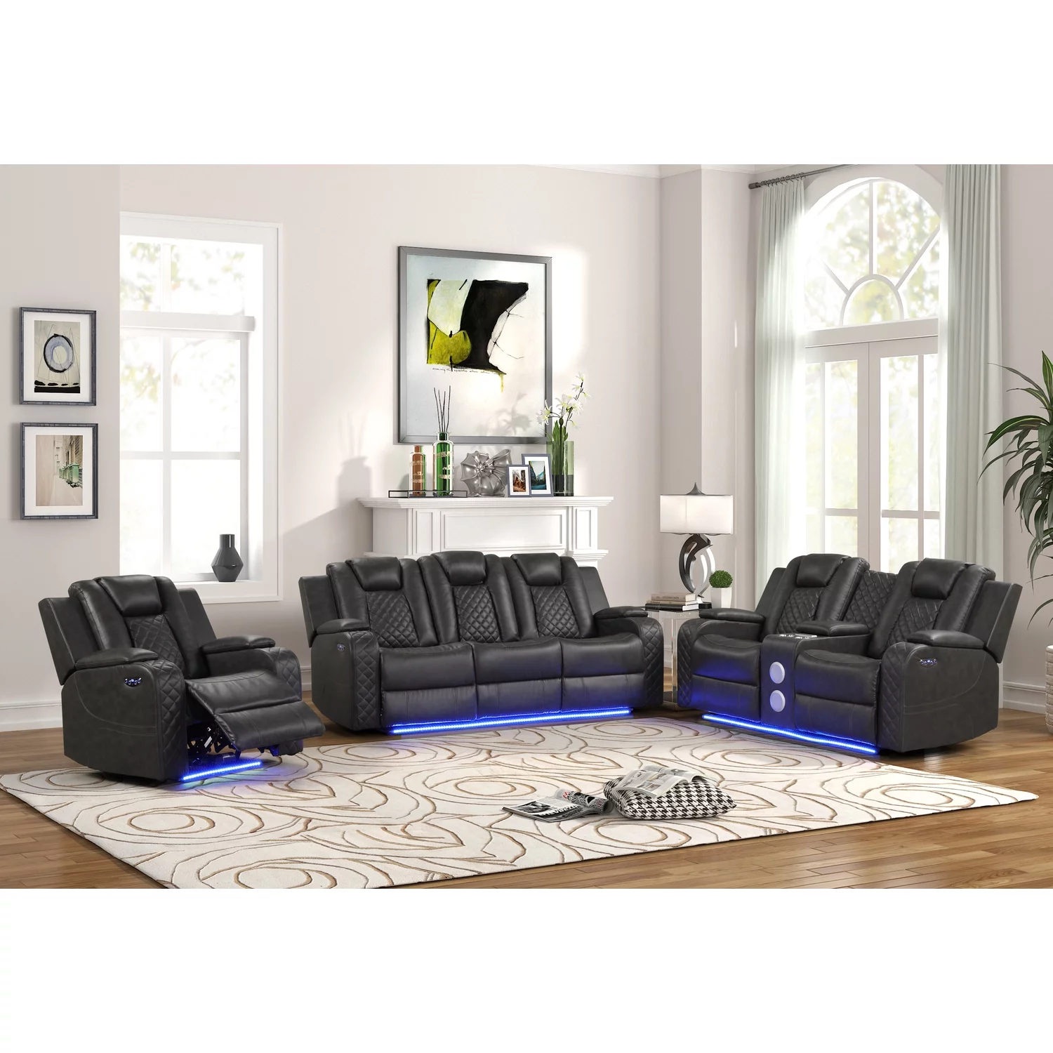 Benz LED & Power Recliner 3 PC Made With Faux Leather in Gray