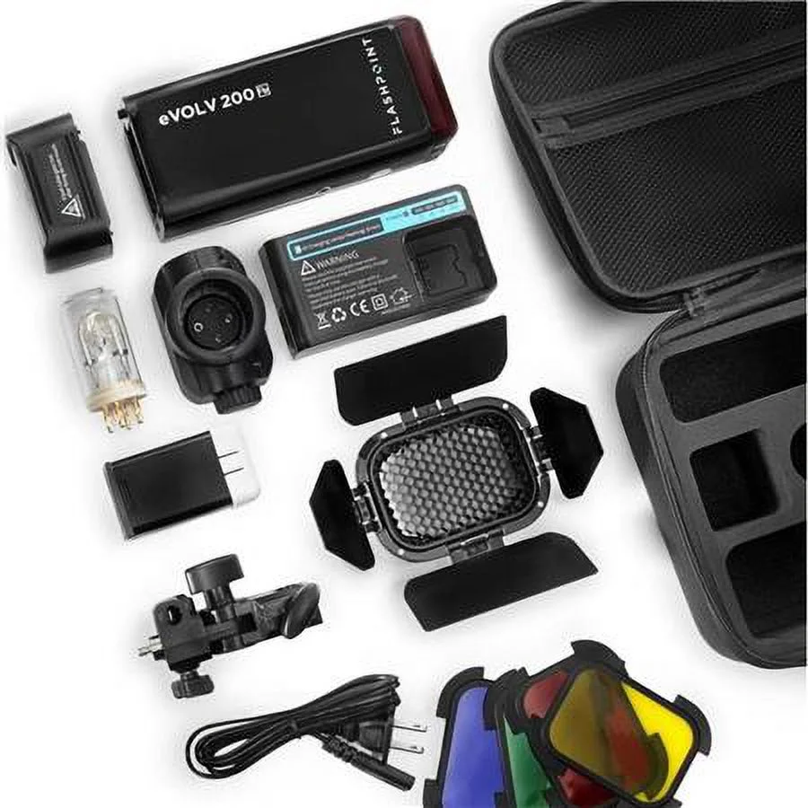 eVOLV 200 TTL Pocket Flash with Barndoor Kit Built-in R2 2.4GHz Radio Remote System (Godox AD200) + Glow EZ Lock Collapsible Silver Beauty Dish (34