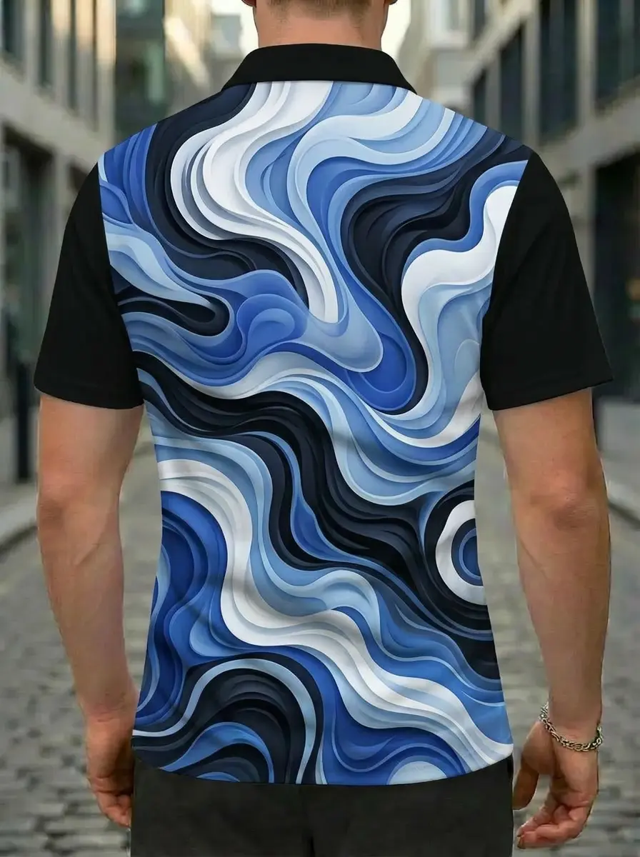 Moisture Wicking Golf Polo 3D Blue Black White Swirl Texture Button Short Sleeve Golf Polo Shirt