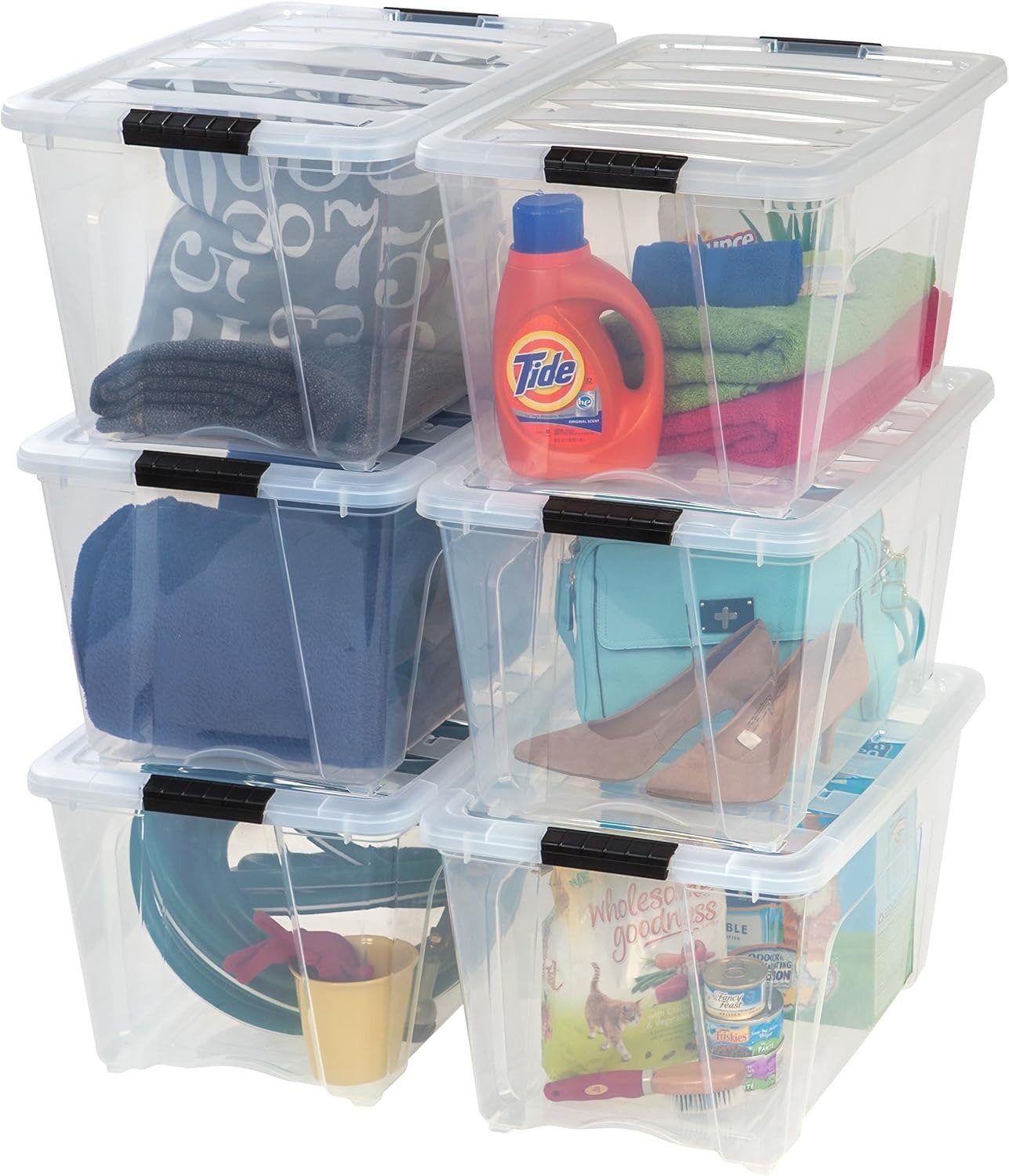54 Qt Stackable Plastic Storage Bins with Lids, 6 Pack – BPA-Free, Made in USA – See-Through Organizing Solution, Latches, Durable Nestable Containers, Secure Pull Handle – Clear