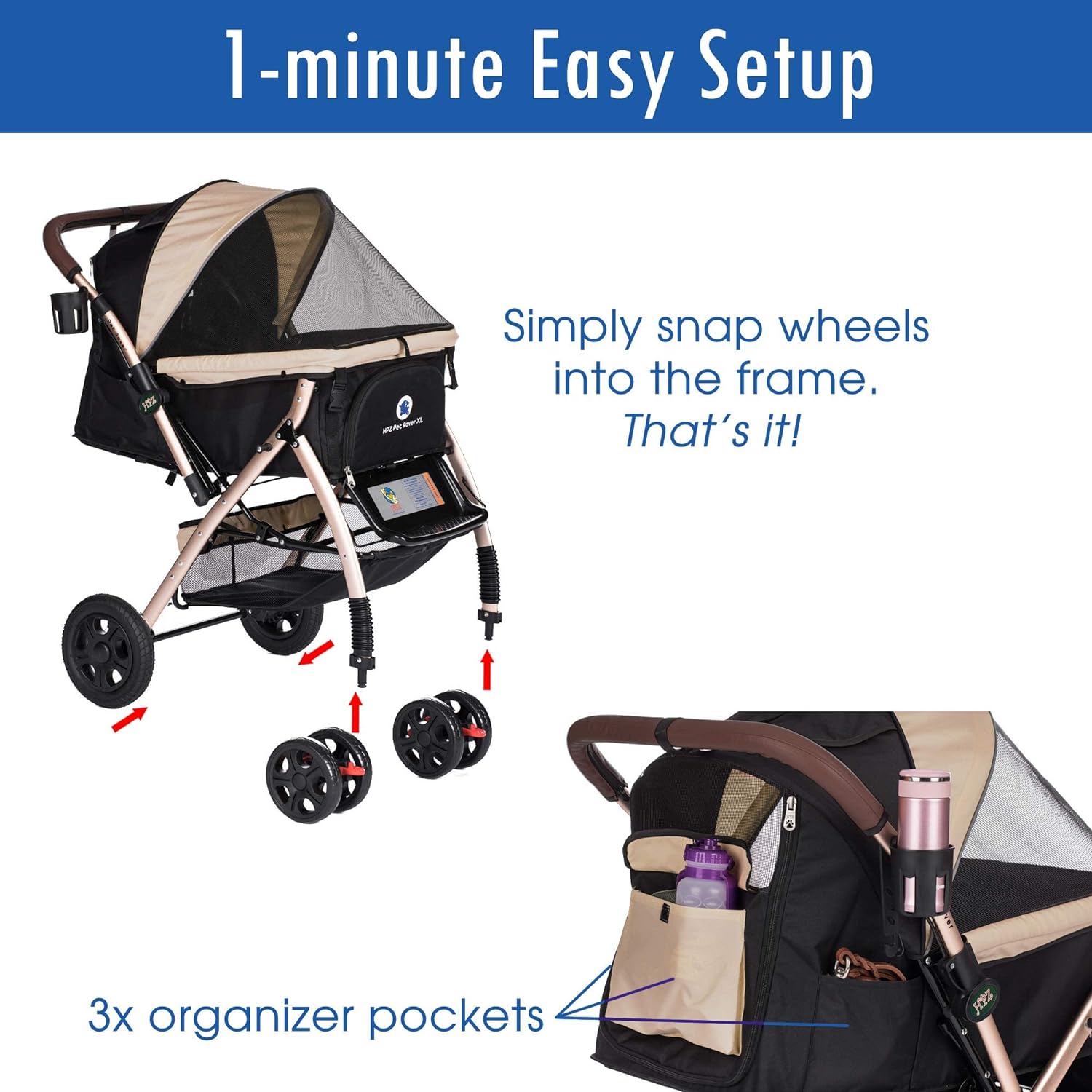 Pet Rover Premium Heavy Duty DogCat Stroller Travel Carriage CompartmentZipperless EntryPump-Free Rubber Tires Small, Medium, Large Pets (Black 2nd-Gen.), X-Large (Pack of 1)