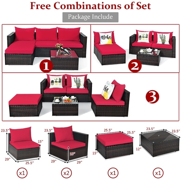 5PCS Patio Rattan Furniture Set Sectional Conversation Sofa w/ Coffee