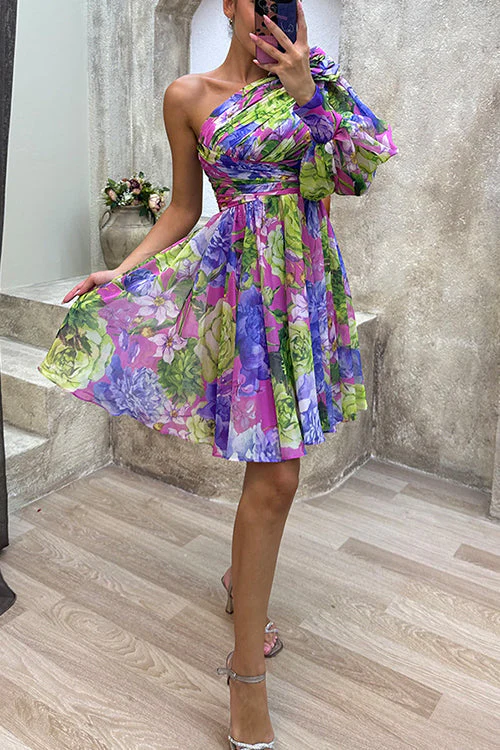 One Shoulder Ruched Floral Midi DressClistos