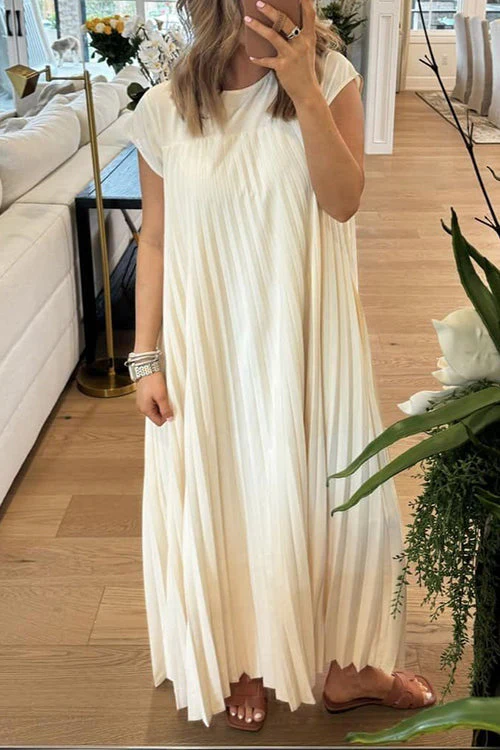Pleated Cap Sleeve Maxi Dress with PocketsClistos