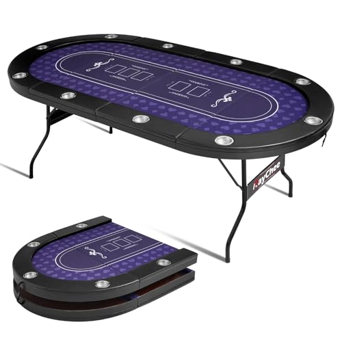 84 Inch Poker Table Foldable, 10 Player Folding Casino Tables with Casino Grade Felt, Padded Rails & Cup Holders, Portable Poker Table for Texas Holdem