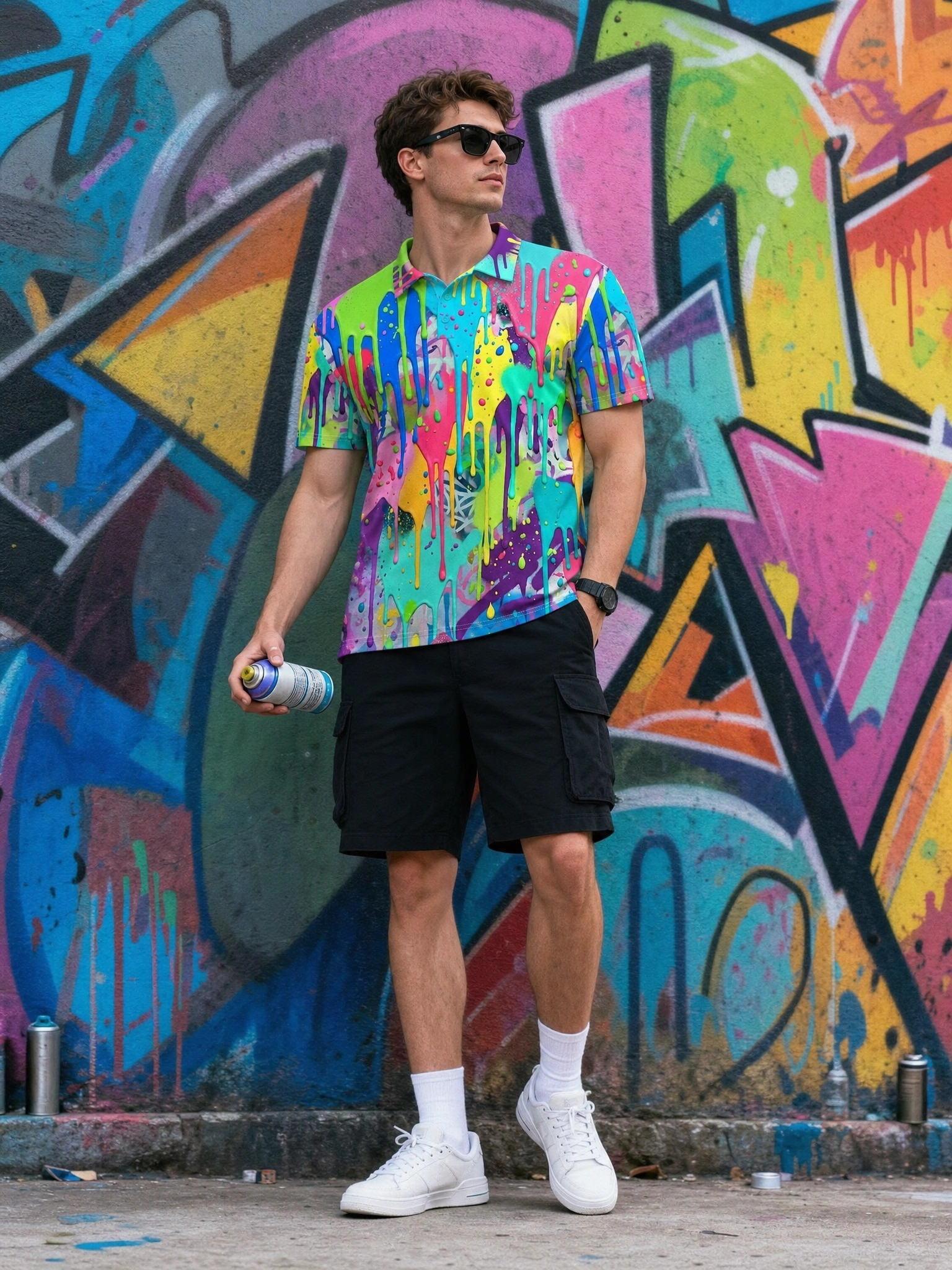 Moisture Wicking Golf Polo 3D Multicolor Paint Drip Button Short Sleeve Golf Polo Shirt