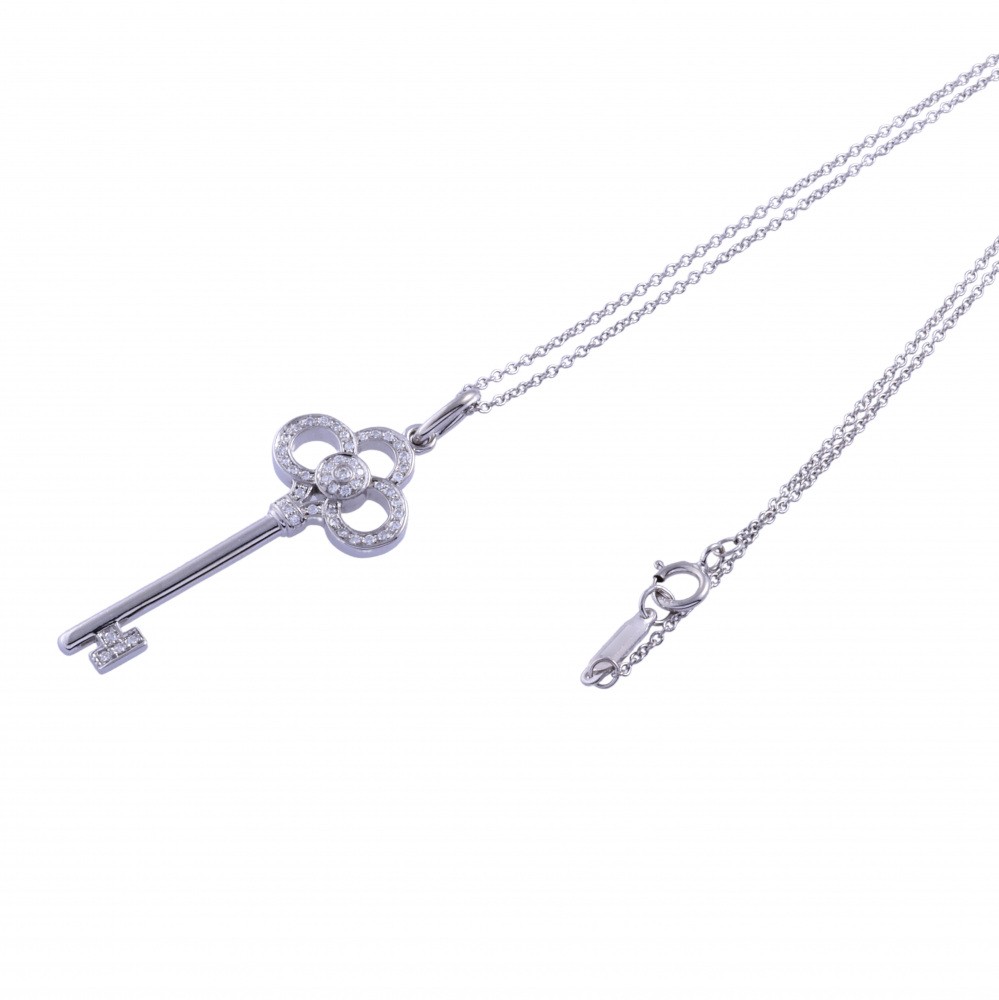 Tiffany & Co. Key Crown Necklace 18K White Gold Diamond