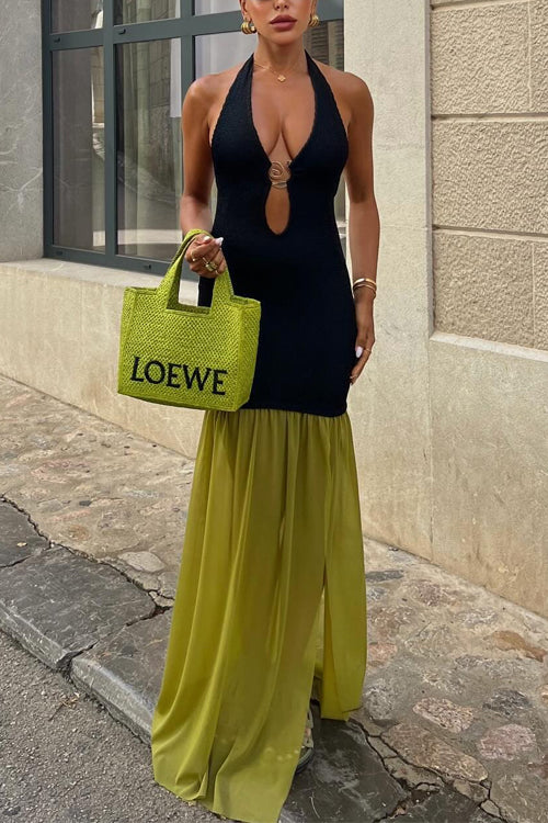 Halter Cut Out Maxi Dress with Slit & RufflesClistos