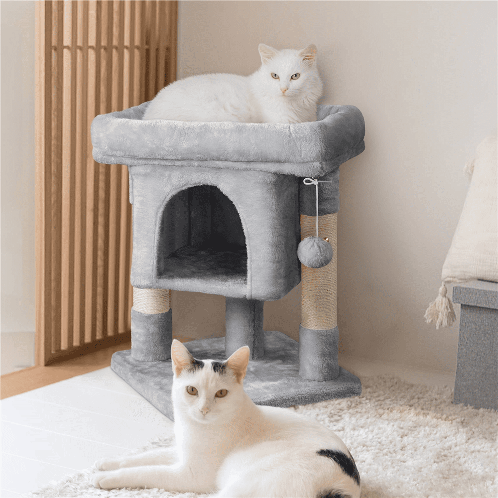 Easyfashion 2-Level Cat Tree Kitten Condo House with Plush Perch, Light Gray