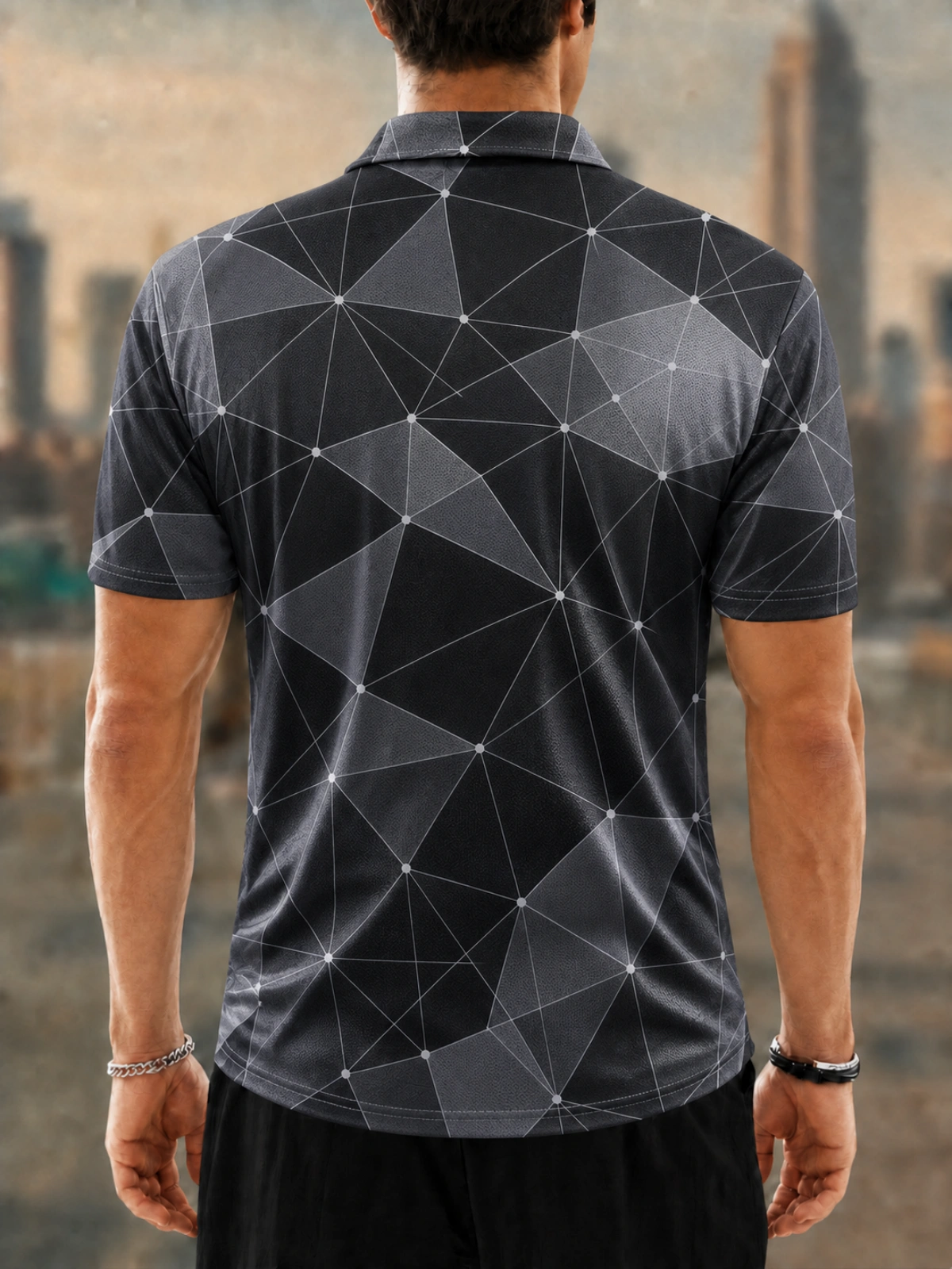 Men's Black Geometric Mesh Printed Golf Polo Shirt