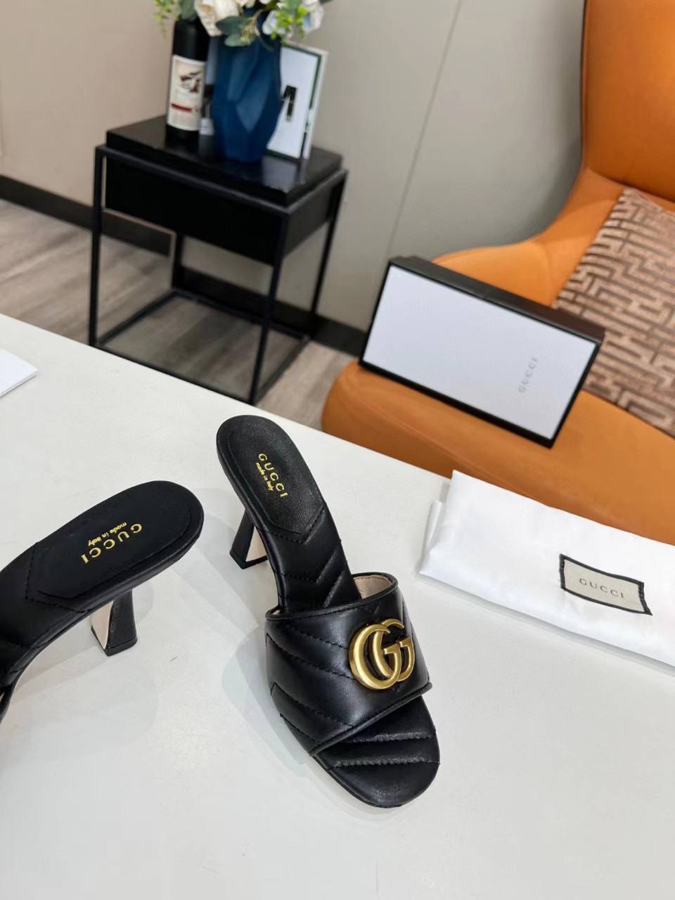 Gucci Marmont Double G Leather Mules Black 674839 Bko00 1000