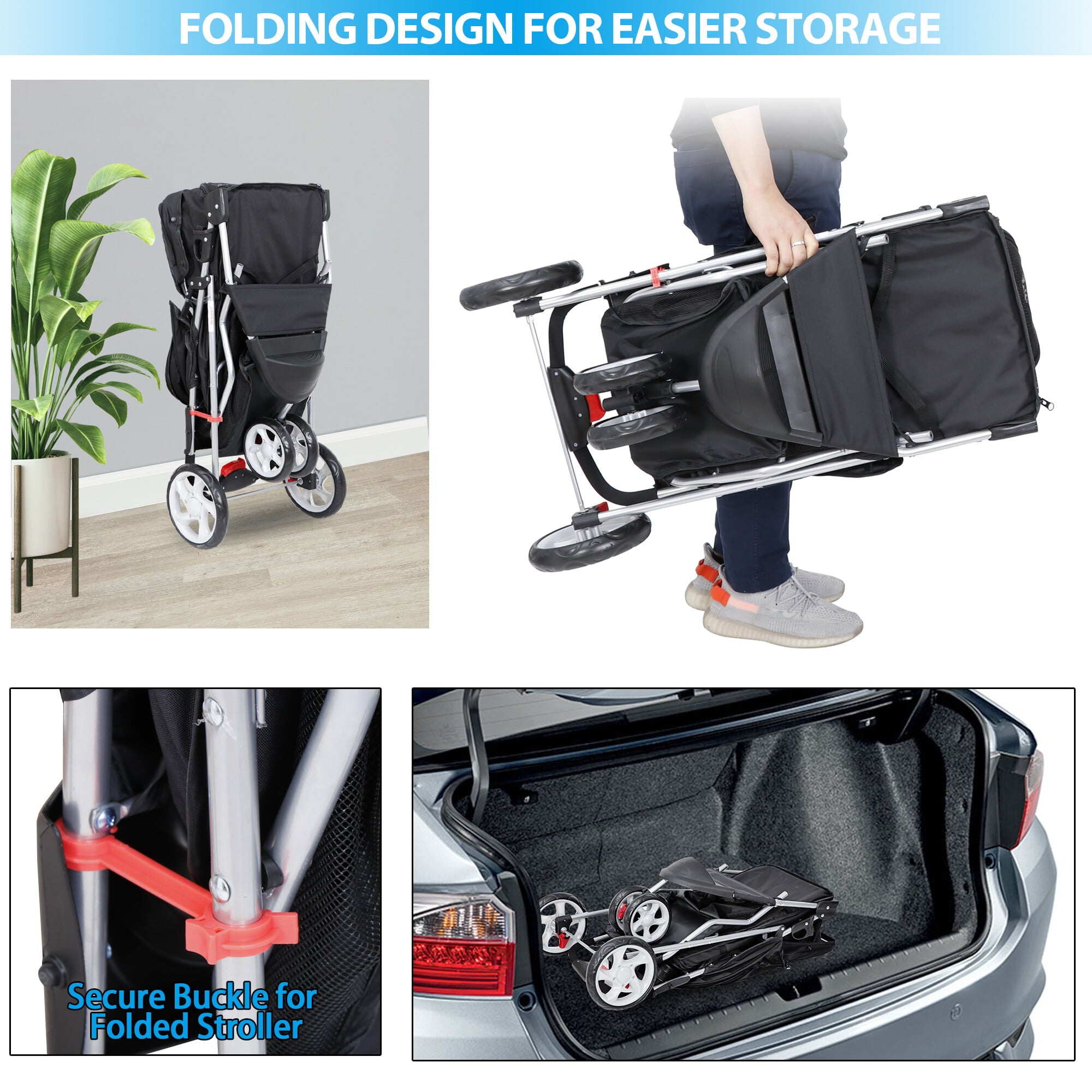 ZENY Three Wheels Pet Stroller, 360 Rotation, Folding Convertible Design, Black