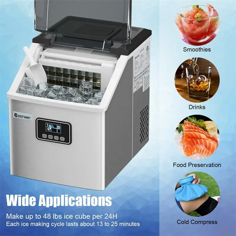 Stainless Steel Countertop Ice Maker – 48LB/24H Output, LCD Display, Self-Cleaning Function & Ice Scoop Basket