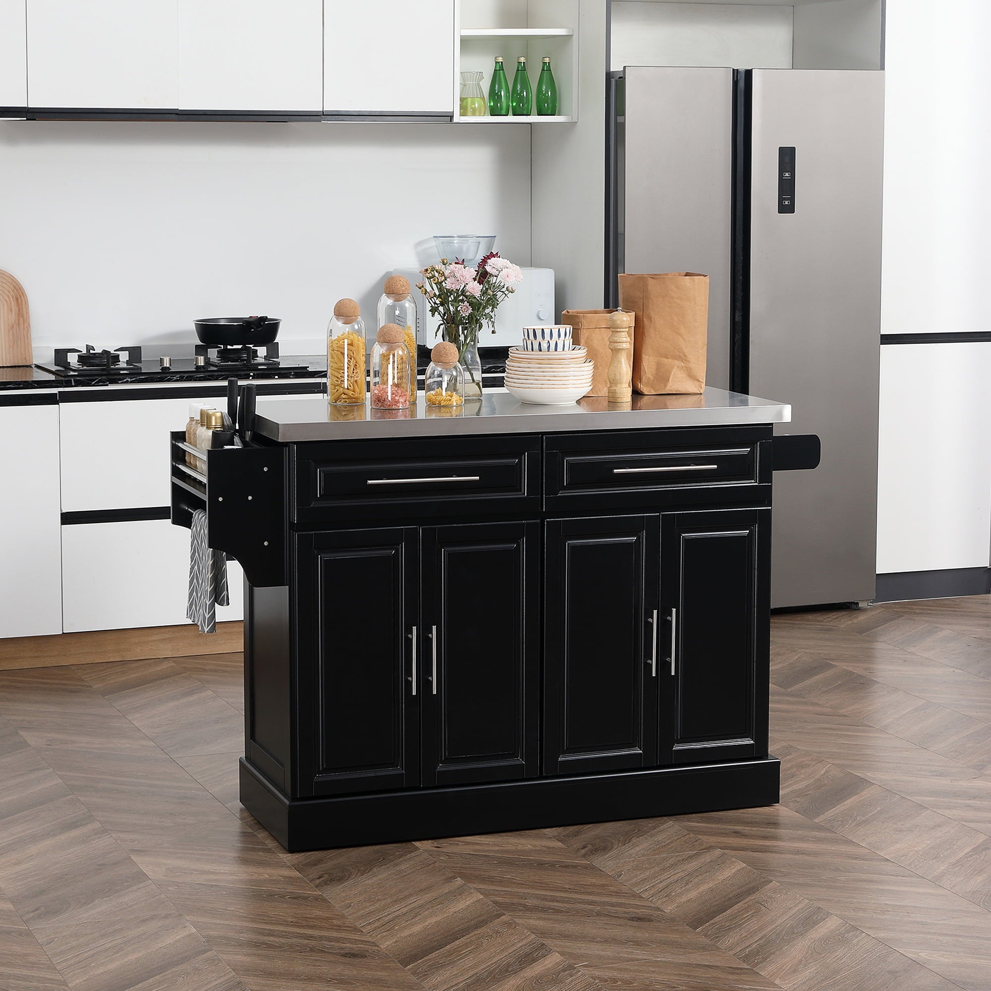 HOMCOM Rolling Kitchen Island Cart with Cabinets and Drawers, Black