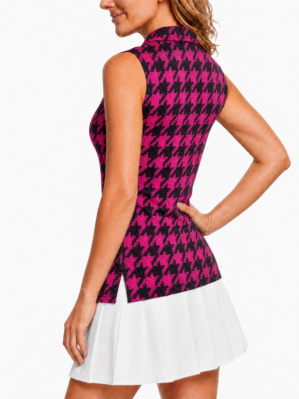 Women Sleeveless Quick Dry Golf Polo Shirt, Hot Pink Black Houndstooth Plaid Print
