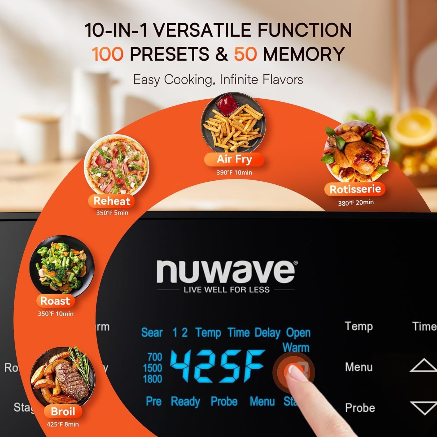 15.5QT 10-in-1 Air Fryer Rotisserie Oven, 360° Hot Air Circulation, 150 Presets, Non-Stick Coating, Black Stainless Steel