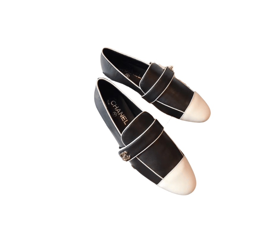 Chanel Leather Cc Cap Toe Slip On Loafers Black