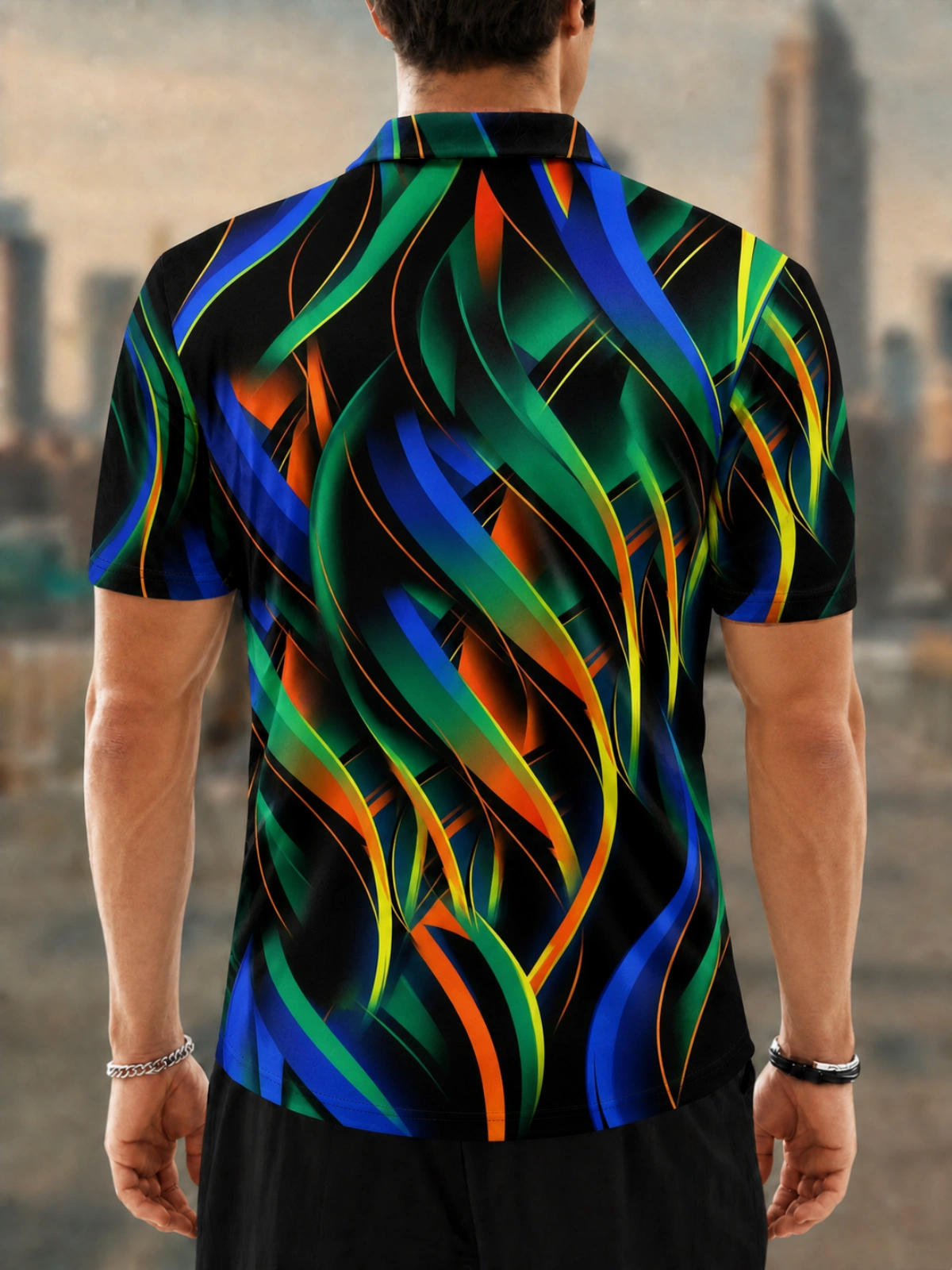 Moisture Wicking Golf Polo 3D Rainbow Curved Ribbon Abstract Button Short Sleeve Golf Polo Shirt