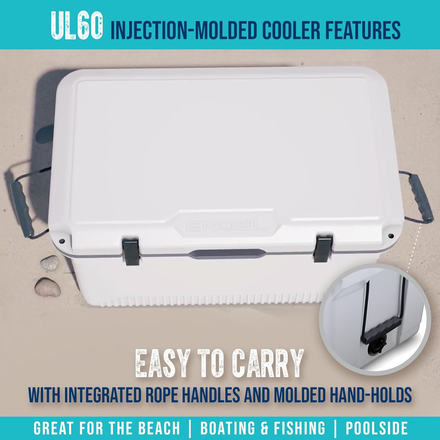 60 QT Ultra-Light Injection Molded Cooler - Ice Chest Keeps Ice up to 7 Days - Large Cooler Includes Wire Basket, Divider and Built-in Bottle Opener