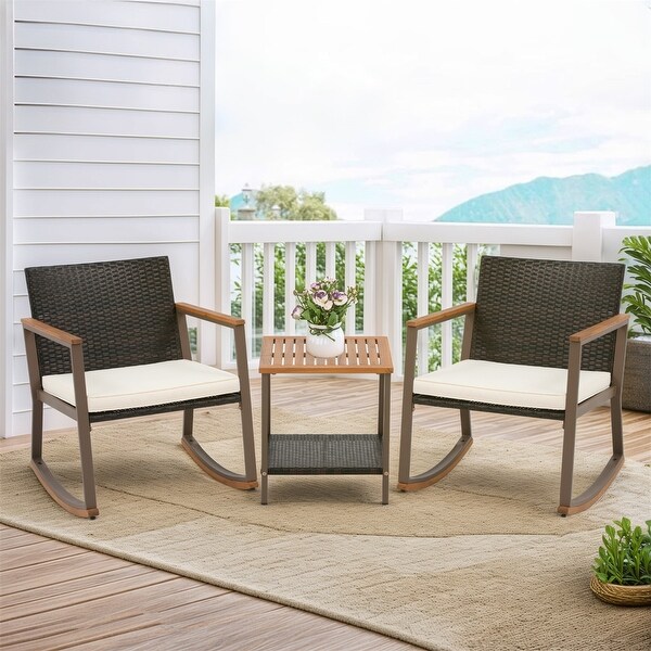 3 Pieces Rocking Wicker Bistro Set,Patio Outdoor Furniture Conversation Sets with Porch Chairs and Glass Coffee Table