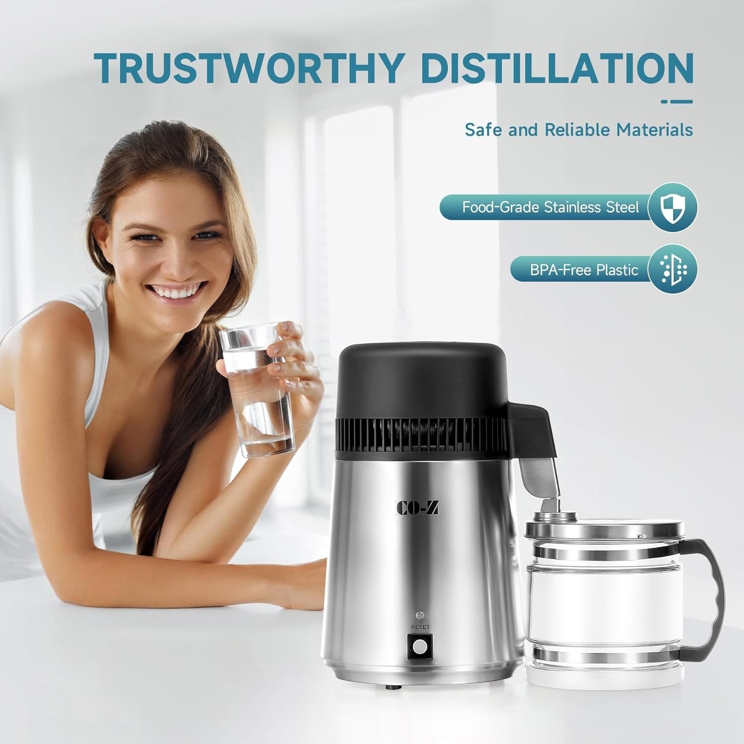 4L Brushed Stainless Steel Countertop Distiller Machine, Home Distilled Water Maker with Glass Pot, Purifier to Make Clean Water