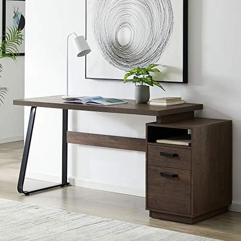 65.3" Mid Century  Desk   Office Computer Desk with Drawers/Hanging Letter-Size Files  Writing Study Table  Easy Assembly (Brown)