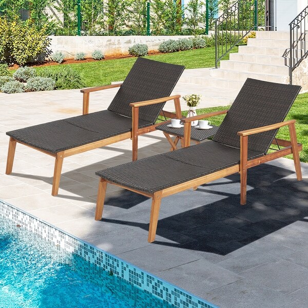 Costway 2PCS Patio Rattan Lounge Chair Chaise Recliner Wood Back