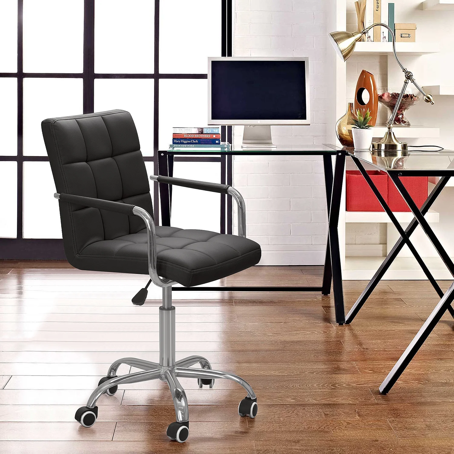 Furmax Mid-Back Office Chair Ribbed PU Leather Executive Chair, Black