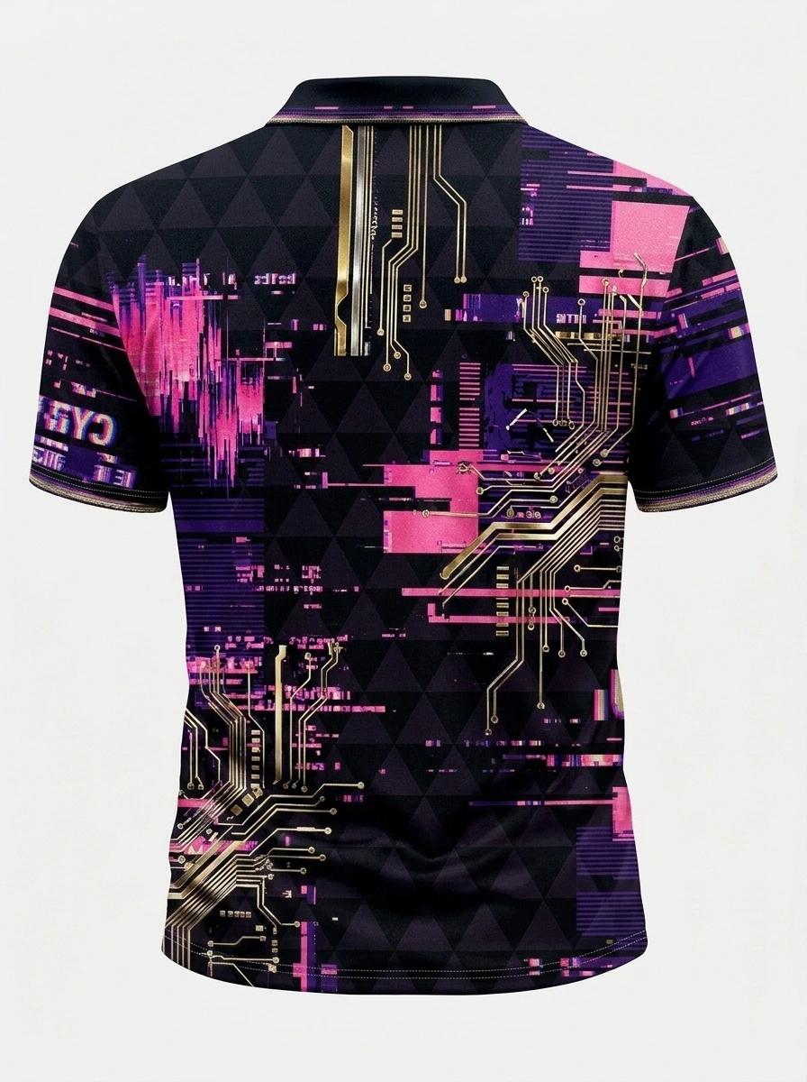 Moisture Wicking Golf Polo 3D Pink Purple Circuit Board Button Short Sleeve Golf Polo Shirt