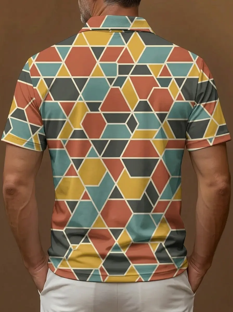 Retro Geometric Hexagon Triangle Print Short Sleeve Golf Polo Shirt
