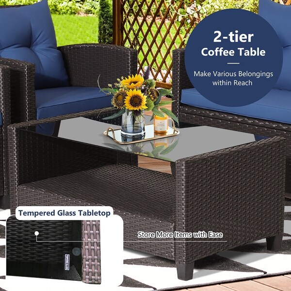 Costway 4 PCS Patio Rattan Furniture Set Glass Table Shelf Sofa