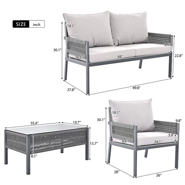 4Piece Rope Patio Furniture Set with Tempered Glass Table