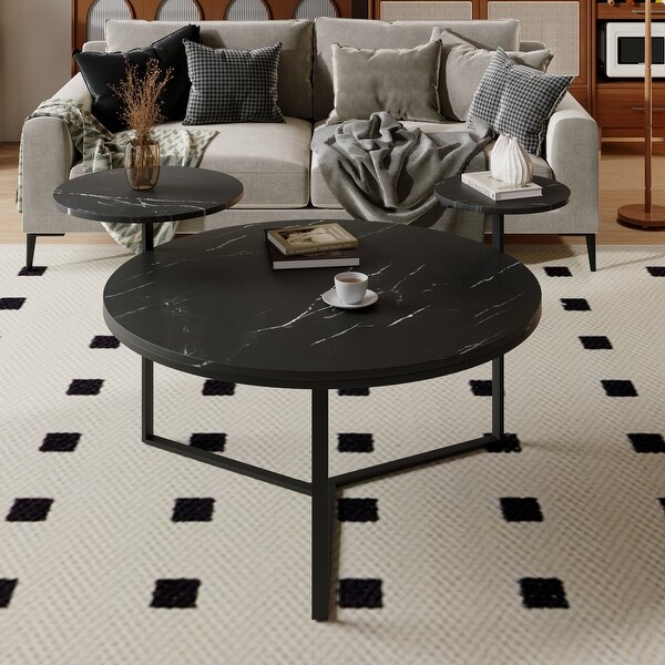 Modern coffee table with two display shelves,Black Faux marble surfaces,Tripodinspired base and Rounded tabletop edges